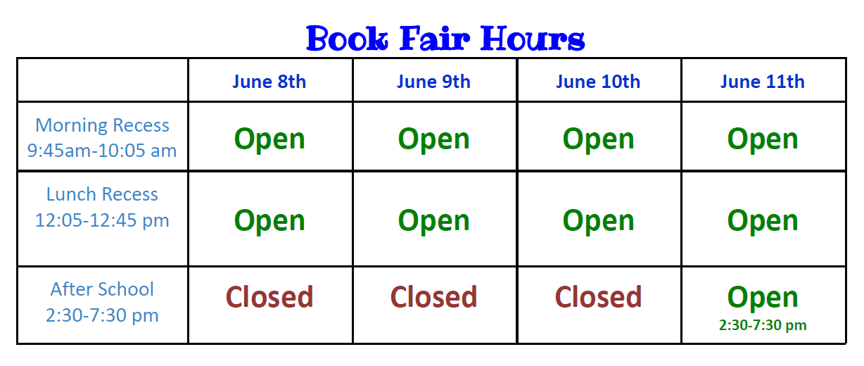 Image listing bookfair dates and times. Please call school for details.