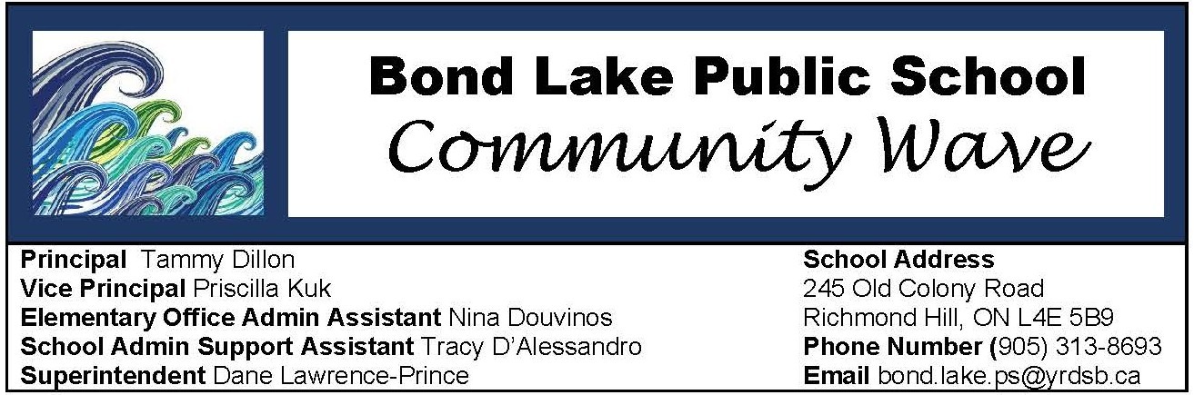 Decorative image with school name and contact names.